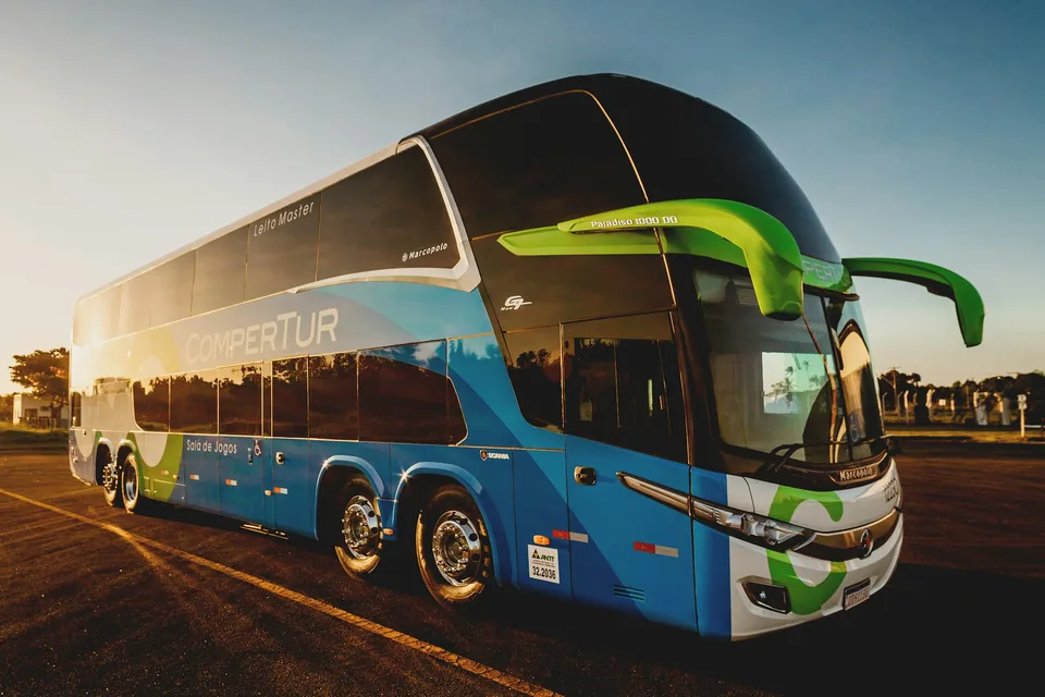 A bus travelling on a road